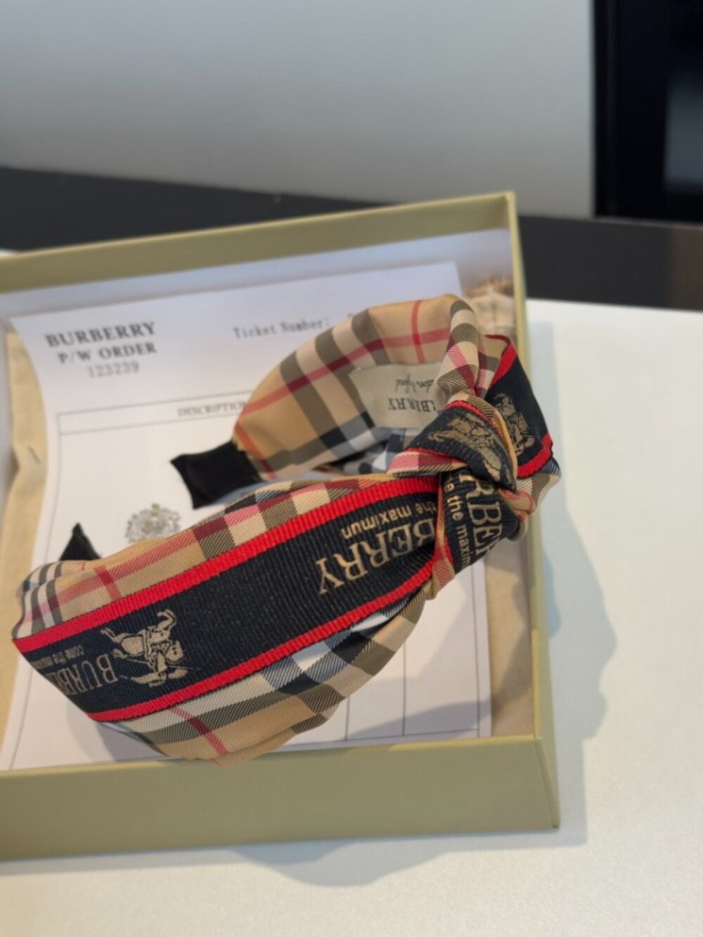 Burberry Vintage Beige Check Equestrian Knight Logo Twist Fabric Headband